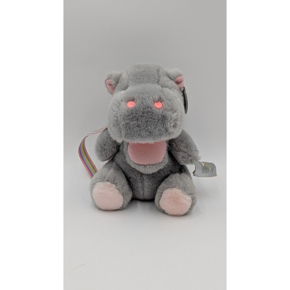 Vintage Princess Soft Toys Gray Hippo Plush 9" Pink Ears Rainbow Ribbon